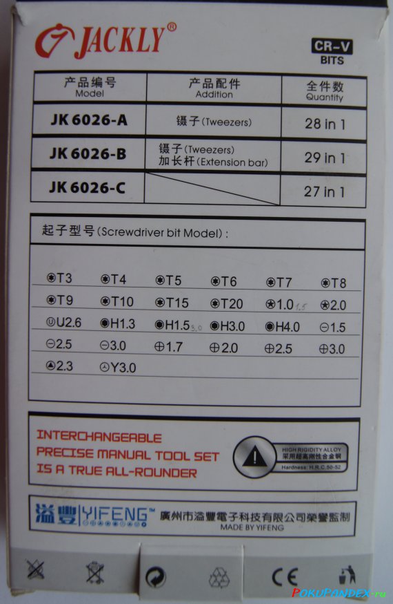 Описания бит в комплекте набора отверток Jackly JK 6026