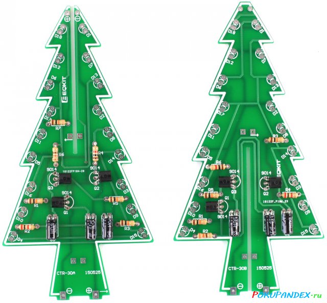 Набор для пайки - новогодняя елка, припаяны конденсаторы, транзисторы и резисторы